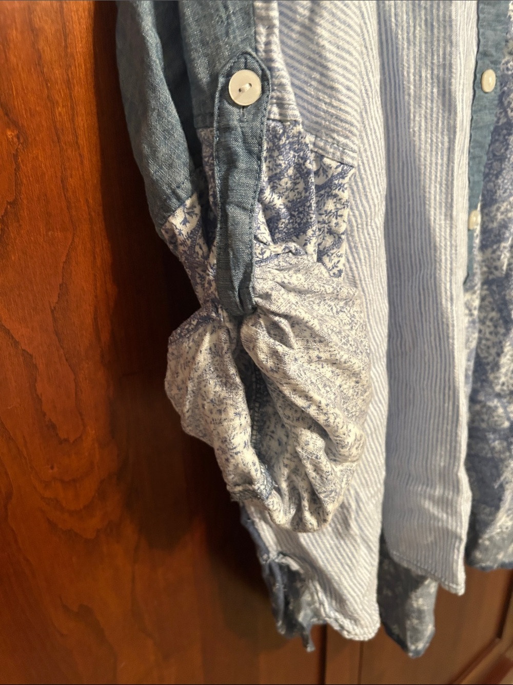 American Eagle Outfitters Blue and White Patchwork Button-Down Shirt - Picture 4 of 4